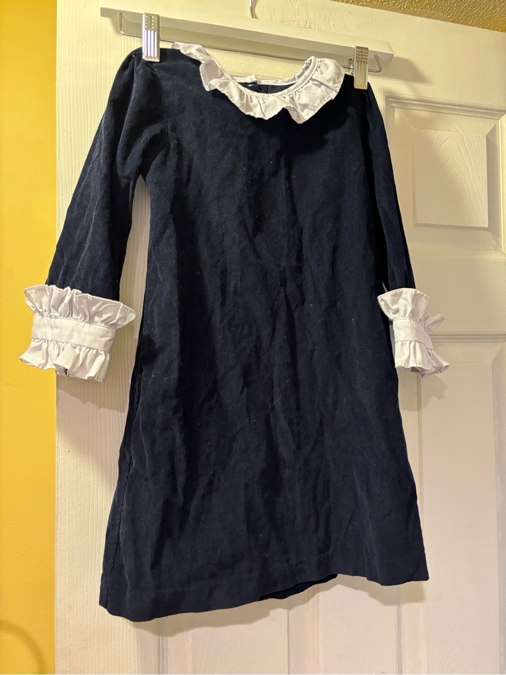Shrimp & Grits Kids Girls Navy Corduroy Dress with White Ruffle Collar and Cuffs